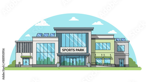 Modern Sports Park Building Facade with Solar Panels and Large Windows, Capturing the Essence of Recreational Facilities