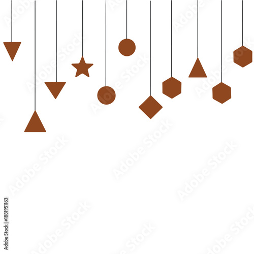 Geometric hanging shapes vector with brown polygons and star suspended on black lines over white background