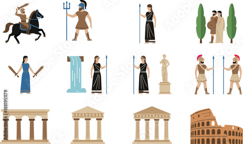 Ancient Greek and Roman Civilization Vector Illustration with Mythology Characters, Warriors, Temples, Classical Architecture Icons Set Historical Design Elements Collection