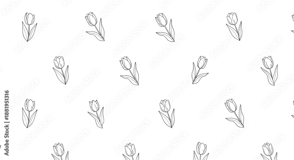 Fototapeta premium Minimalist pattern of hand drawn black and white tulip flowers with delicate leaves scattered across a plain white background.