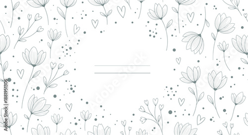 Delicate hand drawn floral sketches in a soft grey tone surrounding an empty central frame for text on a white background.