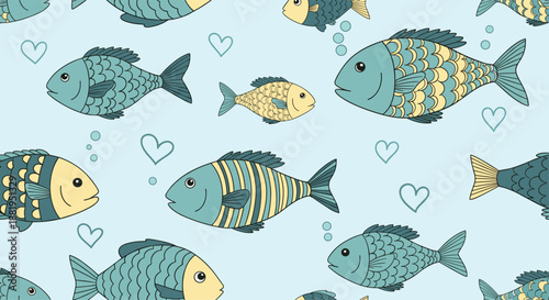 Seamless pattern featuring various hand drawn blue and yellow fish swimming among small hearts on a light blue aquatic background.