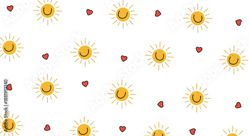 Joyful pattern featuring smiling yellow suns with warm rays and small red hearts scattered on a bright white background.