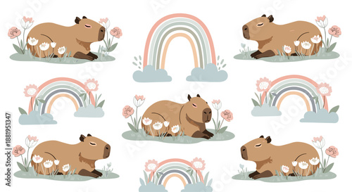 Sweet collection of capybaras resting among delicate white flowers with soft rainbows and pink blossoms on a white background.
