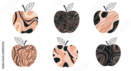 Set of six apples decorated with various abstract and organic patterns in black, peach, and white tones on a plain background.