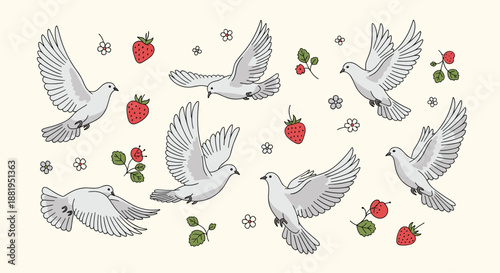 Elegant illustration of white pigeons in flight surrounded by fresh red strawberries and small white flowers on cream.