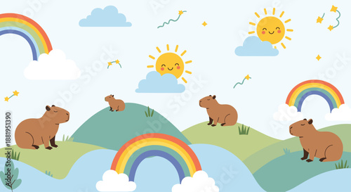 Playful landscape featuring capybaras on green hills under a bright sky with smiling suns, rainbows, and fluffy clouds.