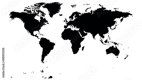 Black World Map Silhouette Isolated on White Background