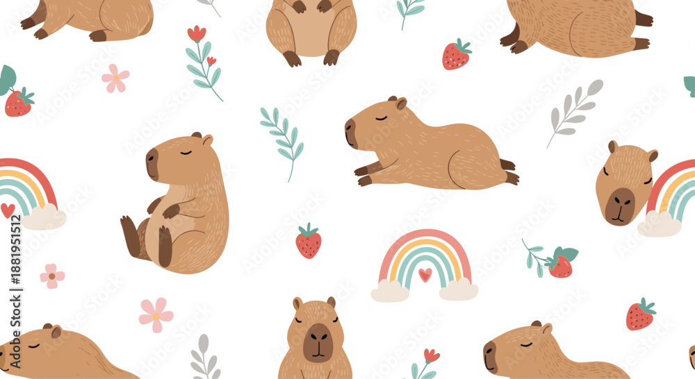 Fototapeta premium Seamless pattern featuring cute capybaras, pastel rainbows, strawberries, and small flowers on a crisp white background.