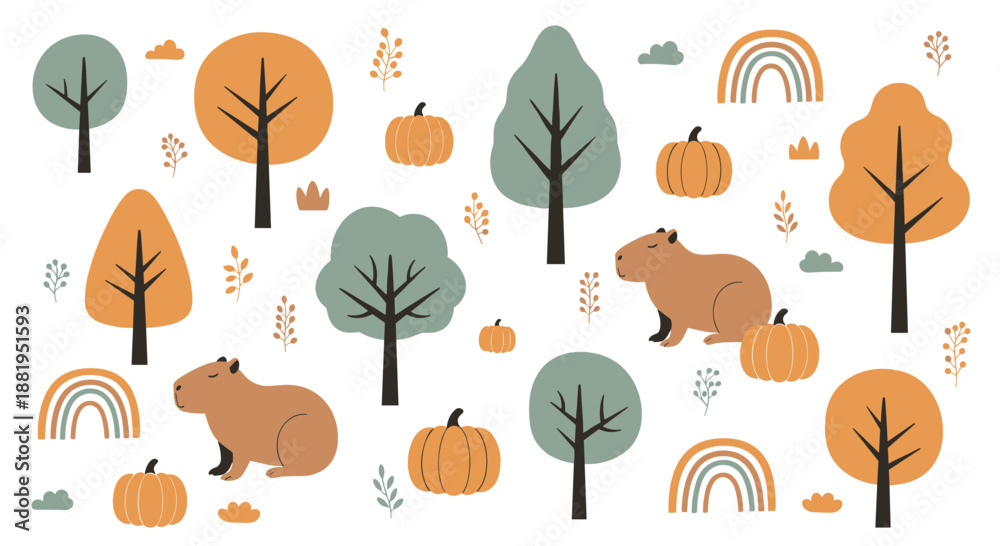 Obraz premium Autumnal seamless pattern featuring capybaras, orange pumpkins, stylized forest trees, and earthy rainbows on a clean white background design.