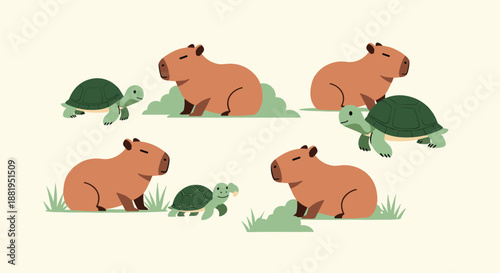 Adorable scene of capybaras and green turtles interacting peacefully among patches of grass on a light cream background.