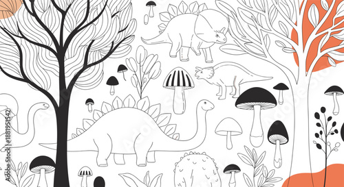 Dinosaur coloring book page featuring prehistoric creatures like stegosaurus and triceratops in a detailed woodland landscape with mushrooms.