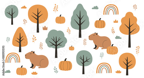 Autumnal seamless pattern featuring capybaras, orange pumpkins, stylized forest trees, and earthy rainbows on a clean white background design.