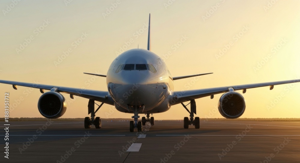 Obraz premium Plane on runway facing front, sunset glow