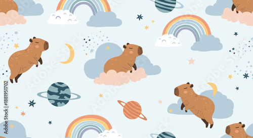 Whimsical seamless pattern of capybaras floating in outer space among planets, rainbows, and stars on a light blue cosmic background design.