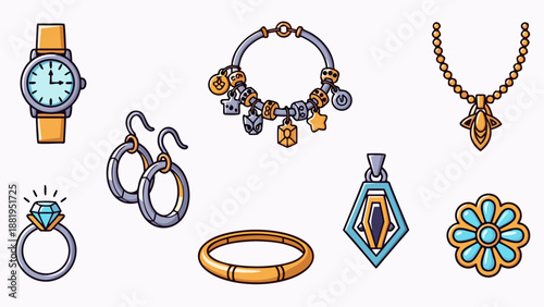 Collection of stylish jewelry icons including a watch, ring, earrings, and necklaces