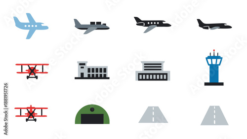 Collection of aviation icons including airplanes, airport buildings, and runways