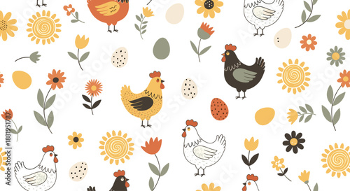 Charming seamless pattern of colorful chickens, speckled eggs, vibrant suns, and spring flowers on a bright white background for Easter decor.