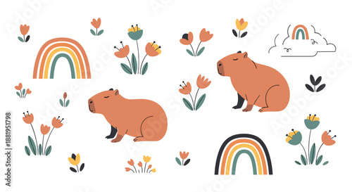 Delightful collection of cute cartoon capybaras surrounded by colorful flowers and bright rainbows on a clean white background for children designs.