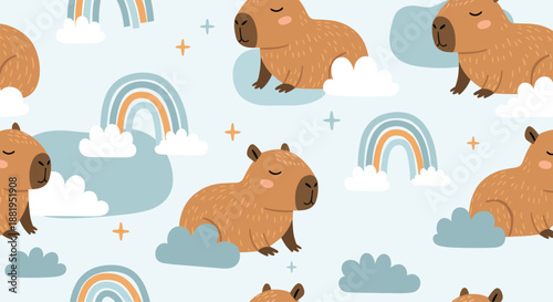 Dreamy seamless pattern featuring cute capybaras sitting on soft blue clouds surrounded by rainbows and twinkling stars in the sky background.