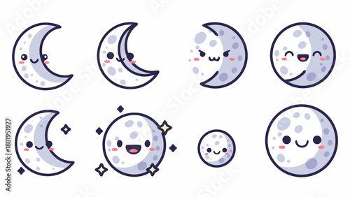 Cute kawaii moon characters with various expressions and phases