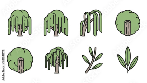 Collection of stylized trees and branches in a flat design style