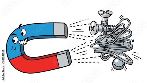 Cartoon horseshoe magnet with a face attracting screws and paper clips with its magnetic force