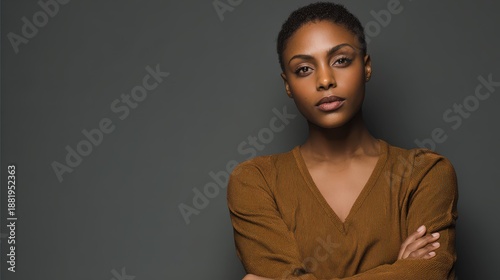 Determined, self-assured woman radiating authority against a gray backdrop