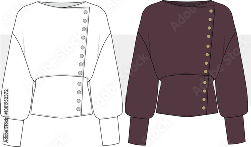 Women's round neck, side button cardigan technical fashion illustration. Sweater fashion flat technical drawing template, long sleeves, casual jacket front view, CAD mockup.