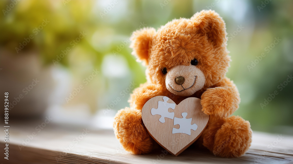 Obraz premium Soft teddy bear clutching jigsaw piece on heart, mental health awareness symbol, support themes, emotional wellness, compassion representation, gentle imagery, with copy space
