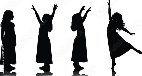 Girl silhouettes expressing freedom and joy through dance poses, graceful movement, happiness, creativity and emotional expression concept isolated on white