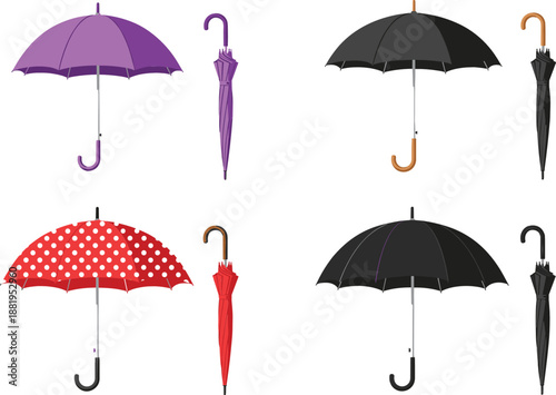 Umbrella vector illustration set with open and closed umbrellas in modern styles colorful patterns and rain accessories