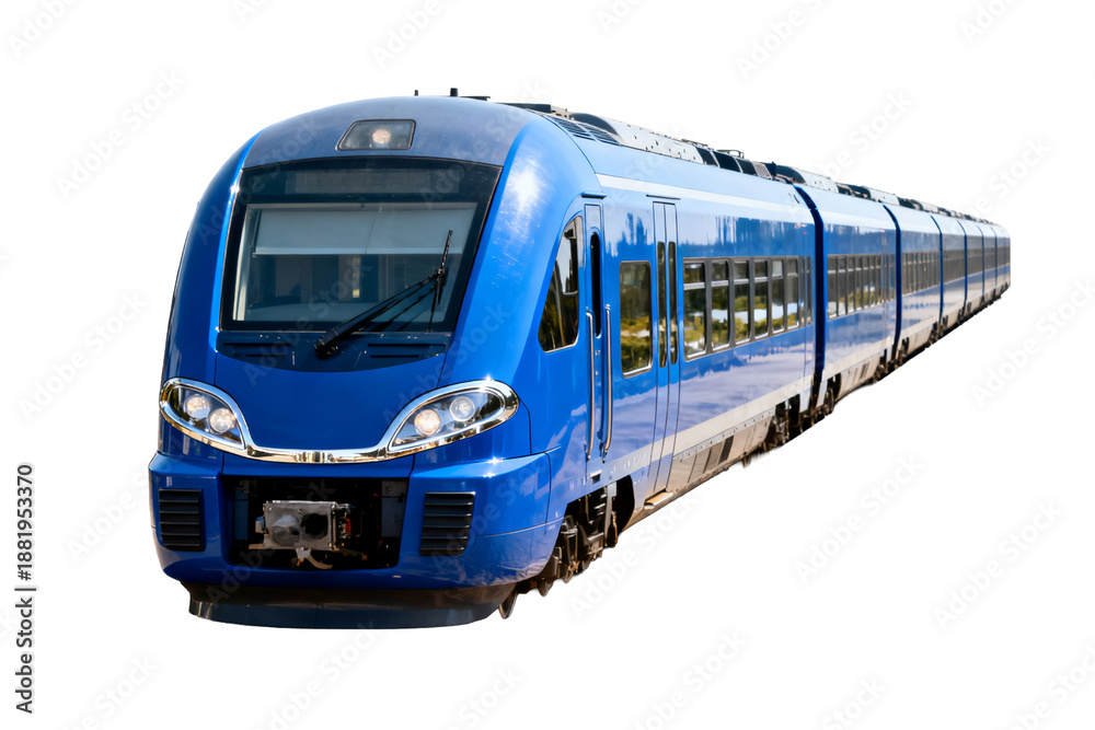 Fototapeta premium Blue High-Speed Passenger Train on White Background