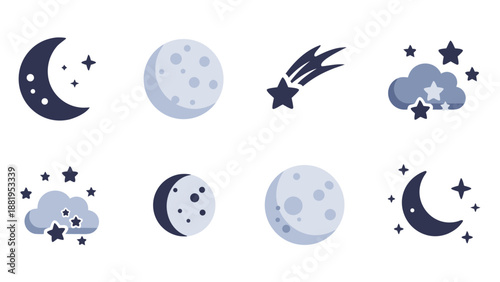 Collection of stylized moon and star icons representing celestial bodies and night sky elements