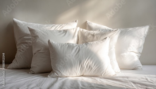 Soft white pillows bathed in warm sunlight, resting on a white sheet