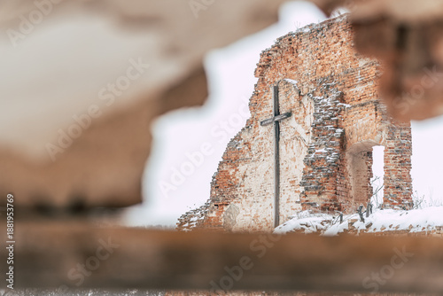 Mariánska Čeľaď, Máriacsalád, Slovakia - January 15th 2026: Abandoned Baroque Monastery Ruins Covered in Snow