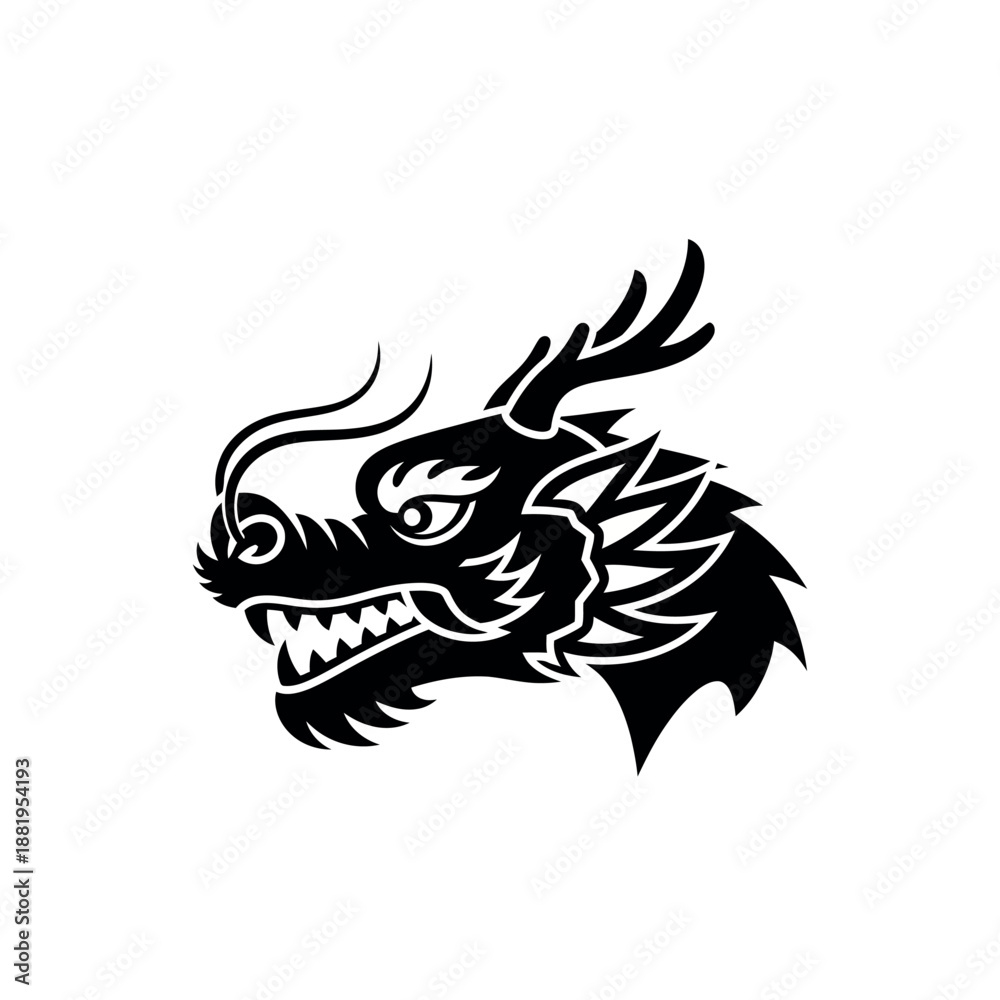 Fototapeta premium Stylized black dragon head mythical creature illustration.
