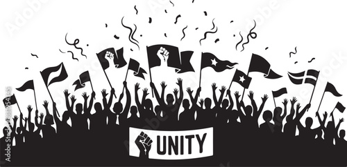 Black and White Protest Art – Crowd with Flags, Raised Fist Symbol, Unity Banner for Solidarity and Social Movements
