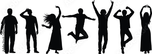 People silhouettes showing different emotions and actions, standing, dancing and jumping poses, diversity of mood, energy and human expression concept isolated on white
