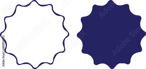 Wavy circular badge shapes on white background. Decorative seal and sticker style frames with smooth curves. Simple emblem designs for labels, logos, and promotions. 