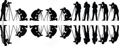 Photographer Silhouette Set with Camera and Tripod, Professional Photography Poses and Shooting Angles Illustration for Media, Journalism, Studio, and Creative Design Concepts