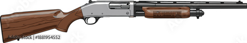 Pump Action Shotgun Vector Illustration with Wooden Stock, Hunting Firearm Weapon Side View, Realistic Isolated Gun Design on White Background