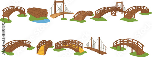 Photos Wooden Bridge Vector Set Featuring Various Pedestrian Arch Suspension Designs fo