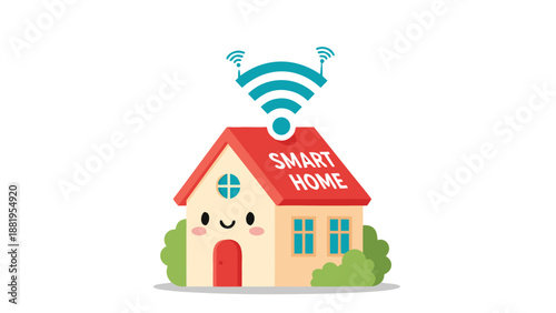 Cute cartoon smart home with wifi signal and smiling face, representing connectivity