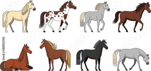 Horse Cartoon Vector Set Featuring Different Breeds Colors and Poses Farm Animal Illustration Collection