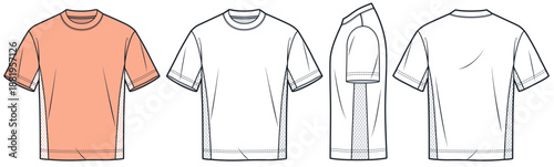 Men Sports T-Shirt Technical Fashion Illustration. Jersey Tee Shirt with Mesh Side Panel fashion flat technical drawing template, front, back and side view, white, orange, men CAD mockup set.