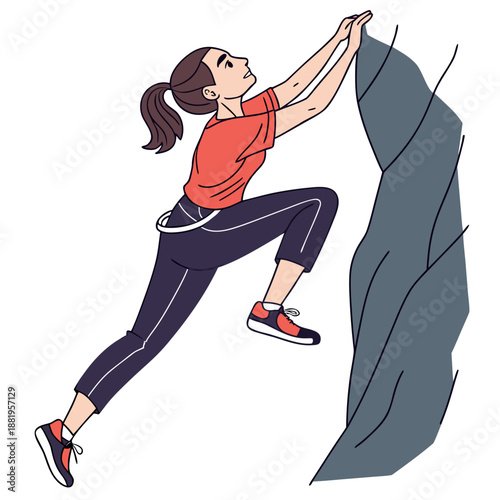 Female Rock Climber Scaling a Wall, Bold Adventure and Extreme Sports Vector Illustration