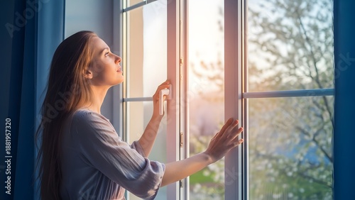 A serene woman gazing out of a window during a peaceful sunset Free Download A serene woman gazing out of a window during a peaceful sunset - GFXLoad