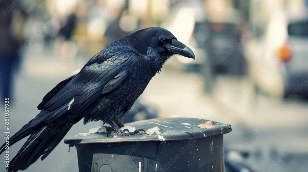 Naklejka premium A black raven perched on a trash can in an urban setting. The background features blurred cars and city elements, highlighting urban wildlife.