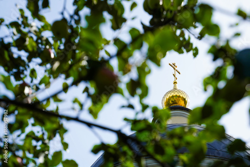 Golden domes of the orthodox church with apple tree brunches on foreground on a sunny summer day